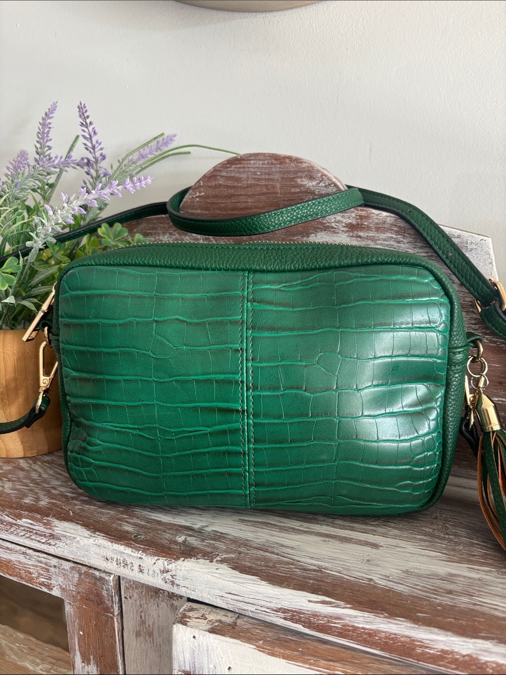 Louenhide Green Croc-Embossed Crossbody Bag with tassel